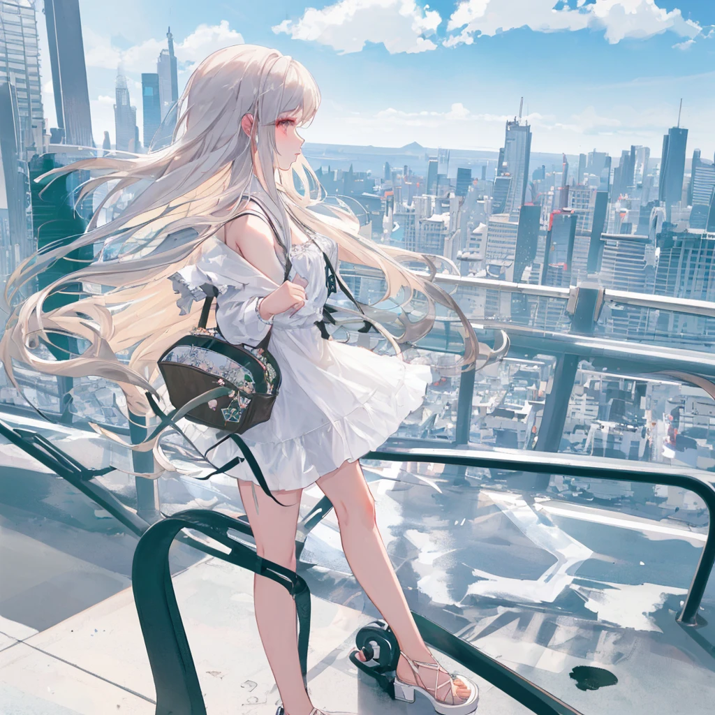 Profile of a cute and beautiful woman with long hair、Summer outfit、With a blurred cityscape in the background、High resolution 8K、Masterpiece、AI’s masterpiece、