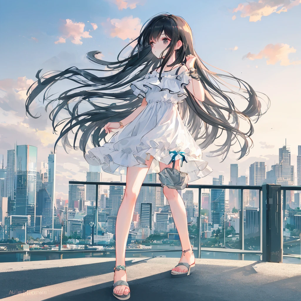 Profile of a cute and beautiful woman with long hair、Summer outfit、With a blurred cityscape in the background、High resolution 8K、Masterpiece、AI’s masterpiece、