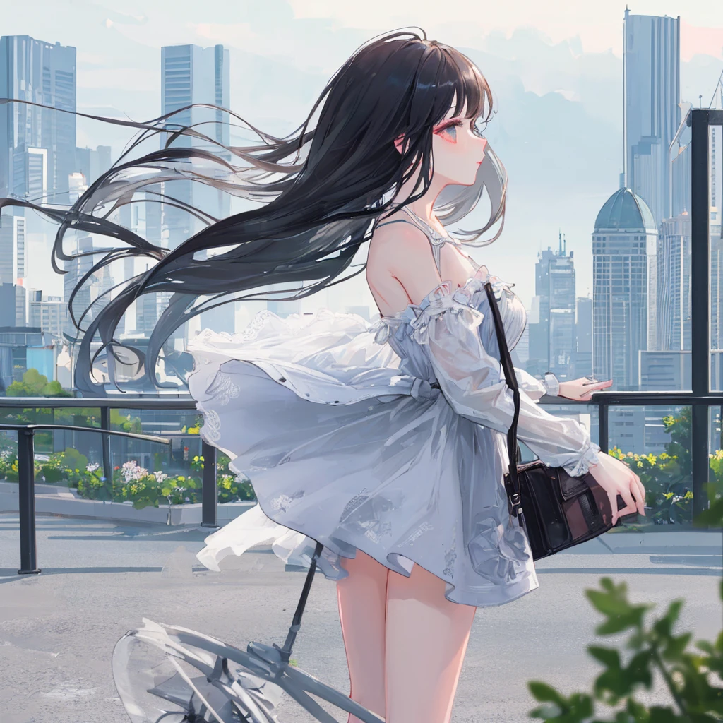 Profile of a cute and beautiful woman with long hair、Summer outfit、With a blurred cityscape in the background、High resolution 8K、Masterpiece、AI’s masterpiece、