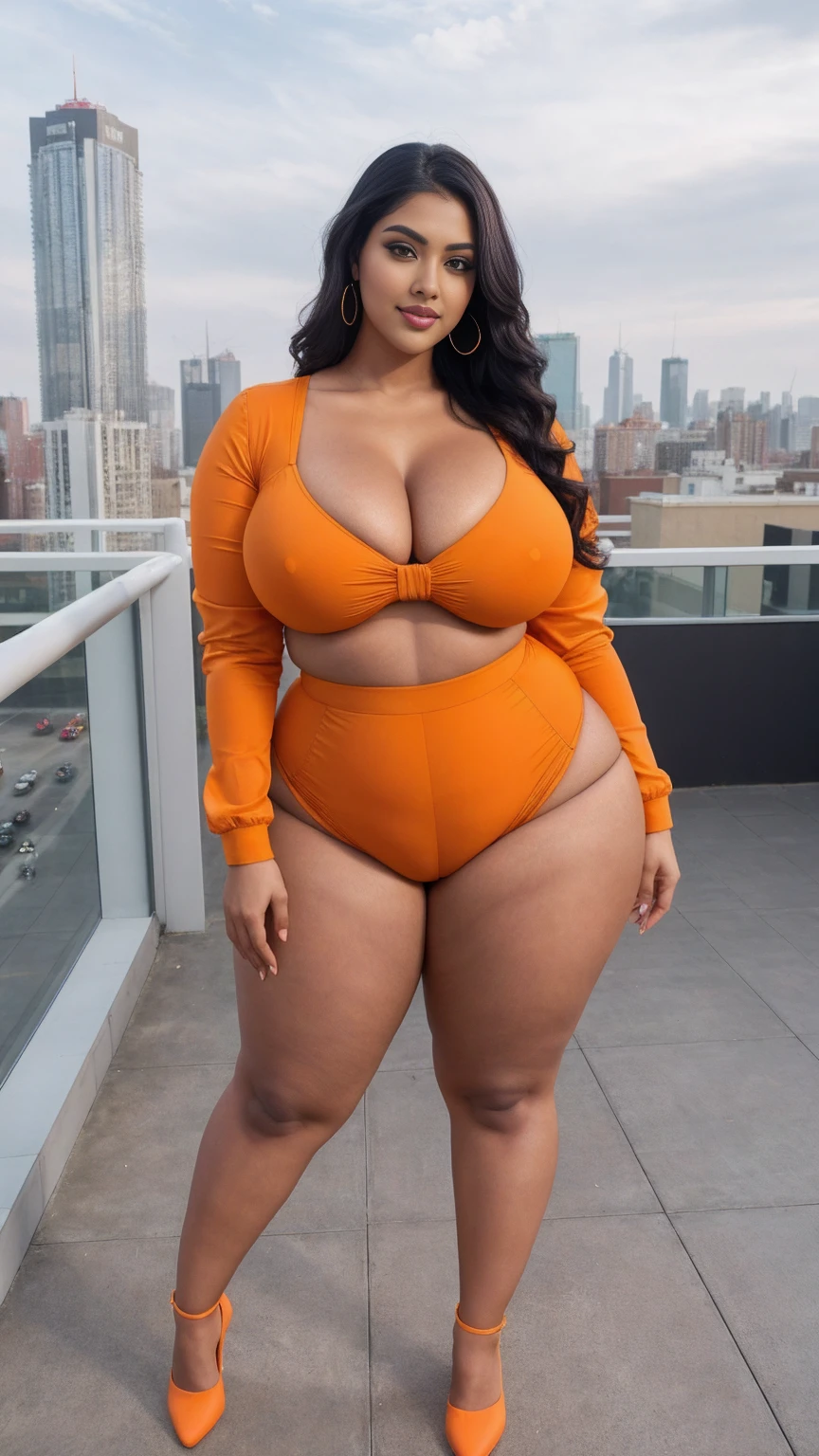 swastika mukharjee Indian beautiful woman curvy plus size hour glass bulky huge figure woman, closeup camera view, big huge m-cup breast, wearing SHEIN Young Girl Heart Pattern Urban Fashionable & Cool Jumpsuit Color: orange , covered Bust , elegant standing position, eye contact view, different style hairstyle, bright eyes, thin eyebrows, fair skin, blushing cheeks, prefect head to toe view, full body, ideal for high-fashion or editorial shoots, ultra realistic skin texture, head to toe view, full body shot, full body view, smile face, black hair, Indian face, perfect skin tone light, ultra realistic skin texture, bigger waist, busty, big hips, fleshy thighs, thick thighs, busty, full body view, Rooftop Terrace: Chic urban setting with city views.