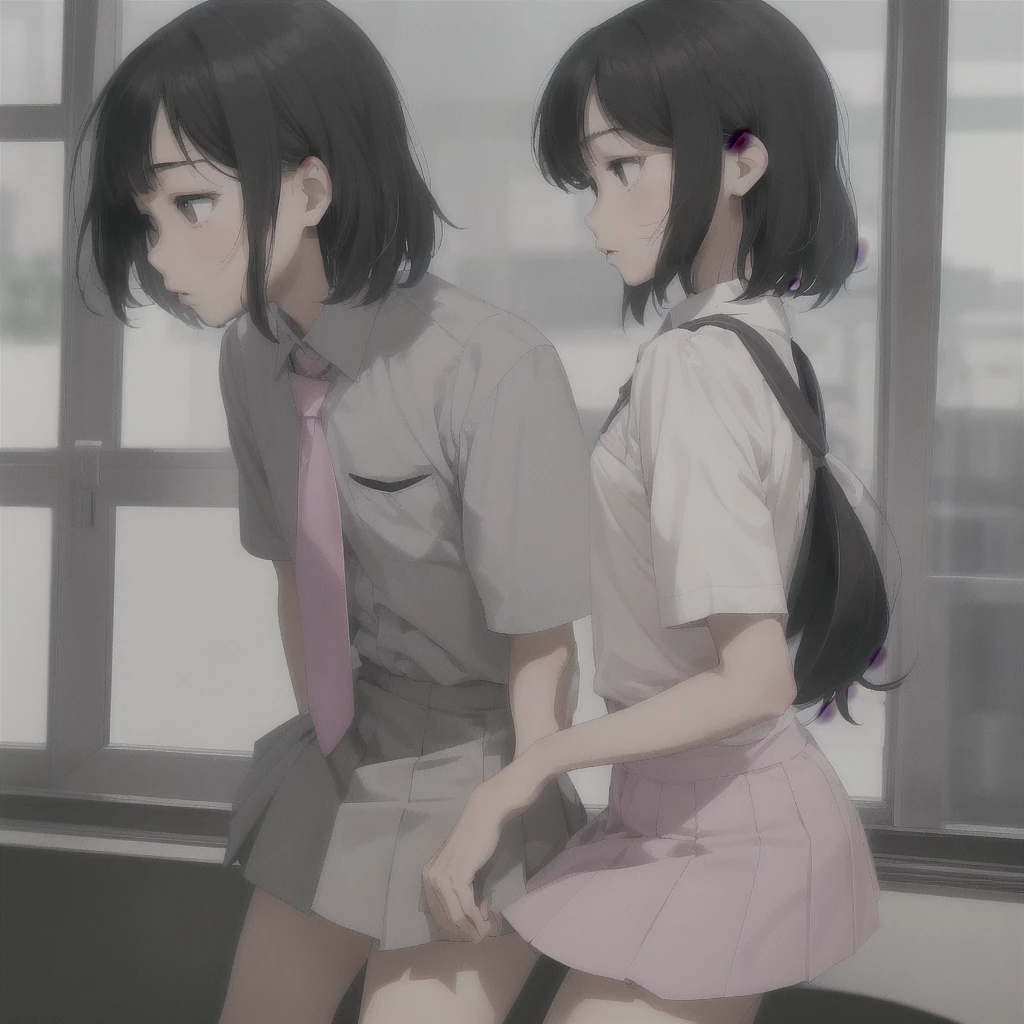 Asian teen, sharp face, small nose, pink small lips, grey asian eyes, grey short bangs, white school shirt, pink short tie, grey short skirt, short white socks, black fancy shoes, side profile view, window view