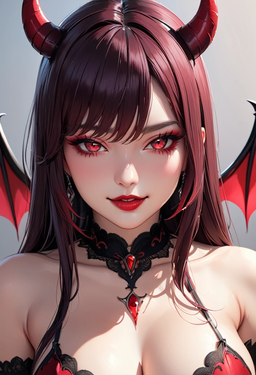 (nsfw, masterpiece), (best quality), (ultra detailed), (4K), (HD) , best quality, best lighting, best shadow, highly detailed, vibrant, 1girl, demon women, succubus, beautiful women, crimson piercing eyes, piercing, dark hair, a wicked smile playing on her lips,
