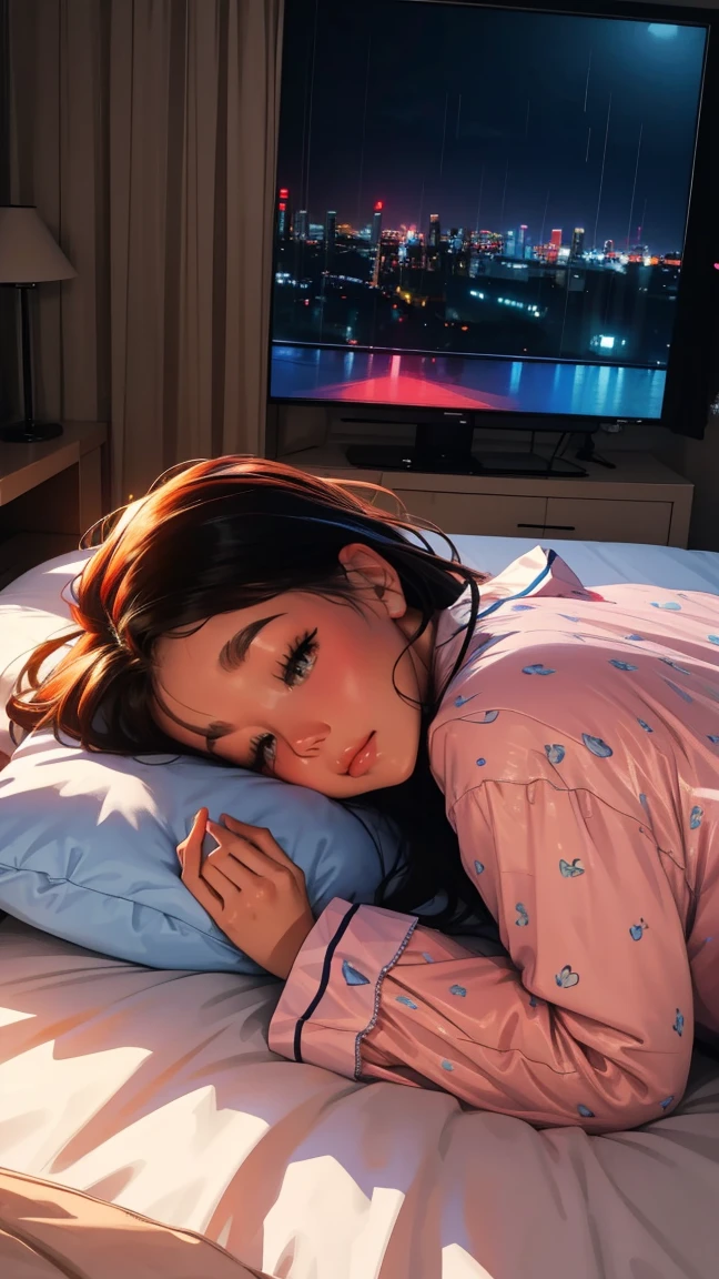 Sleeping in bed at home,There is a TV,Outside the window, the night rain,beautiful girl, UHD Portrait, (high quality) (Super detailed) pajamas; different, colorful, Long hair in color 🌈