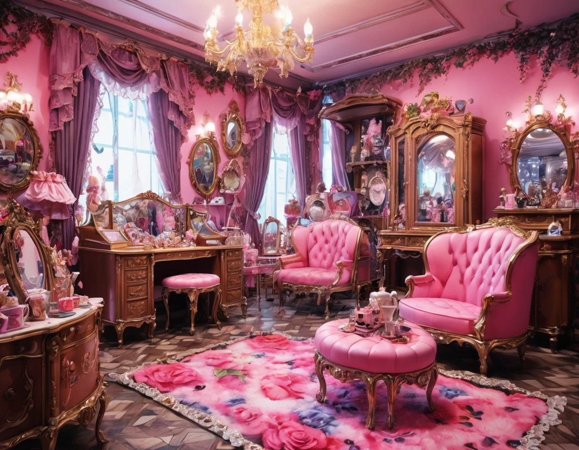8k, 超High resolution, High resolution, Cinematic, Cinematic image, Intricate details, Realistic, photograph,
Fantasy art style, fashion store、Luxury furniture、A store selling ta fashion clothes、Cute clothes、Cute furniture、Dressing table、Lolilothes on display、Lots of clothes、Pink Room、
Vibrant Style, Flowing and intermingling colors. Airbrush painting.
