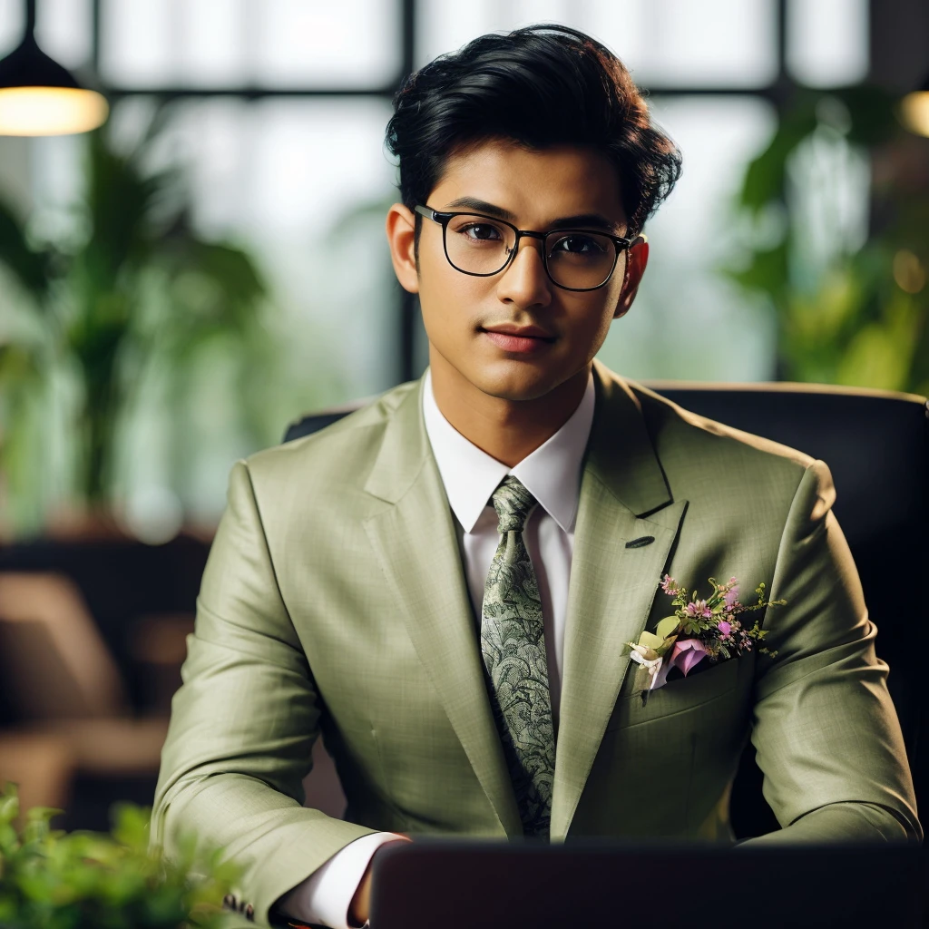 professional masterpiece, 1 man malay, confident, handsome, charming, with short taper fade black hair, natural make up, slight smile, wearing trendy eyeglasses, olive lime luxury suit with flowers on pocket, sitting alone on business chair, posing with laptop for work, fantastic color, set in a business room on office table, with plants in pots around the room, soft lighting, deph of fields effect, ultra realistic, high definition with special effects, resambling photo sony 7000D, ultra realistic