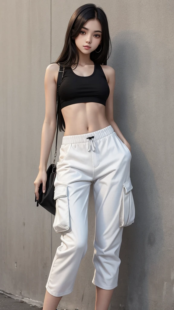 Slim, teen girl, NSFW, tight white cropped tanktop, loose black baggy cargo pants,