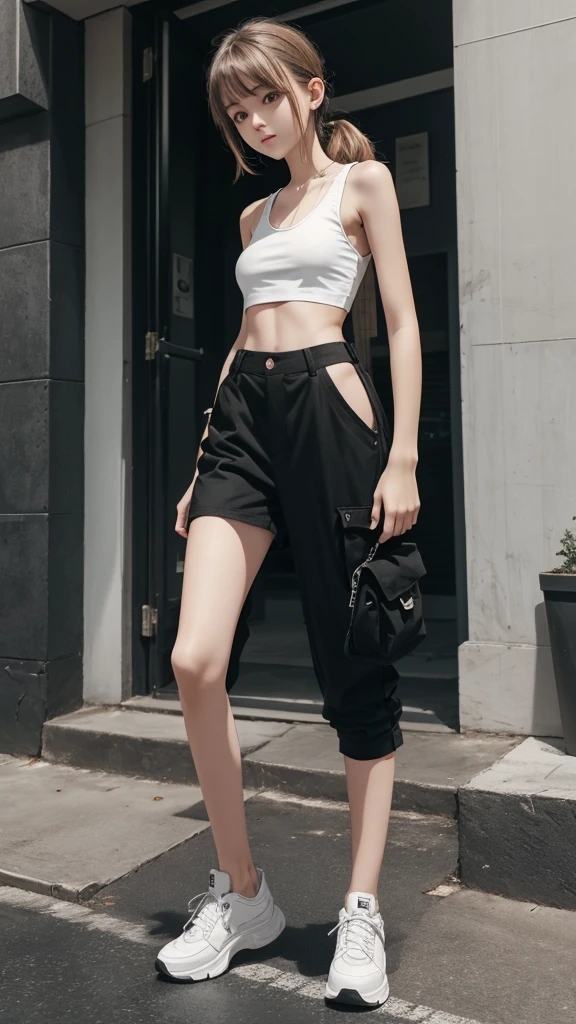 Slim, teen girl, NSFW, tight white cropped tanktop, loose black baggy cargo pants,