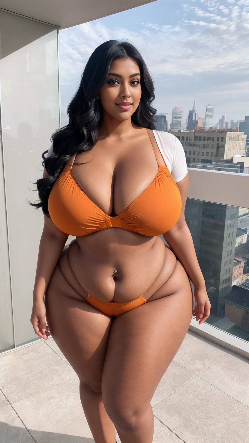 swastika mukharjee Indian beautiful woman curvy plus size hour glass bulky huge figure woman, closeup camera view, big huge m-cup breast, wearing SHEIN Young Girl Heart Pattern Urban Fashionable & Cool Jumpsuit Color: orange , covered Bust , elegant standing position, eye contact view, different style hairstyle, bright eyes, thin eyebrows, fair skin, blushing cheeks, prefect head to toe view, full body, ideal for high-fashion or editorial shoots, ultra realistic skin texture, head to toe view, full body shot, full body view, smile face, black hair, Indian face, perfect skin tone light, ultra realistic skin texture, bigger waist, busty, big hips, fleshy thighs, thick thighs, busty, full body view, Rooftop Terrace: Chic urban setting with city views.