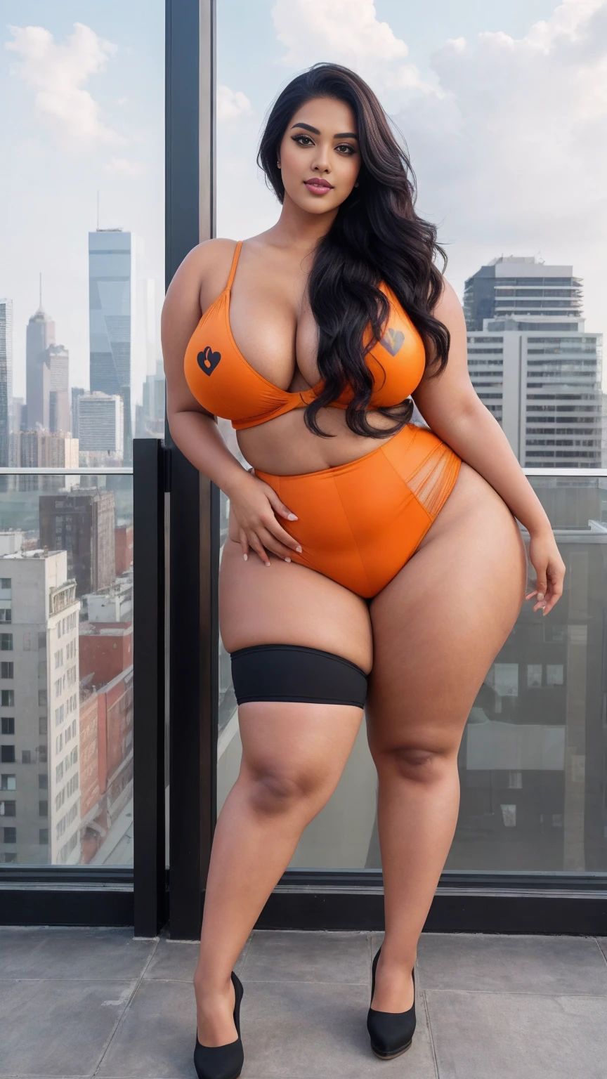 swastika mukharjee Indian beautiful woman curvy plus size hour glass bulky huge figure woman, closeup camera view, big huge m-cup breast, wearing SHEIN Young Girl Heart Pattern Urban Fashionable & Cool Jumpsuit Color: orange , covered Bust , elegant standing position, eye contact view, different style hairstyle, bright eyes, thin eyebrows, fair skin, blushing cheeks, prefect head to toe view, full body, ideal for high-fashion or editorial shoots, ultra realistic skin texture, head to toe view, full body shot, full body view, smile face, black hair, Indian face, perfect skin tone light, ultra realistic skin texture, bigger waist, busty, big hips, fleshy thighs, thick thighs, busty, full body view, Rooftop Terrace: Chic urban setting with city views.

