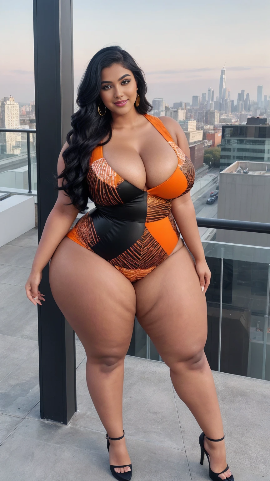 swastika mukharjee Indian beautiful woman curvy plus size hour glass bulky huge figure woman, closeup camera view, big huge m-cup breast, wearing SHEIN Young Girl Heart Pattern Urban Fashionable & Cool Jumpsuit Color: orange , covered Bust , elegant standing position, eye contact view, different style hairstyle, bright eyes, thin eyebrows, fair skin, blushing cheeks, prefect head to toe view, full body, ideal for high-fashion or editorial shoots, ultra realistic skin texture, head to toe view, full body shot, full body view, smile face, black hair, Indian face, perfect skin tone light, ultra realistic skin texture, bigger waist, busty, big hips, fleshy thighs, thick thighs, busty, full body view, Rooftop Terrace: Chic urban setting with city views.