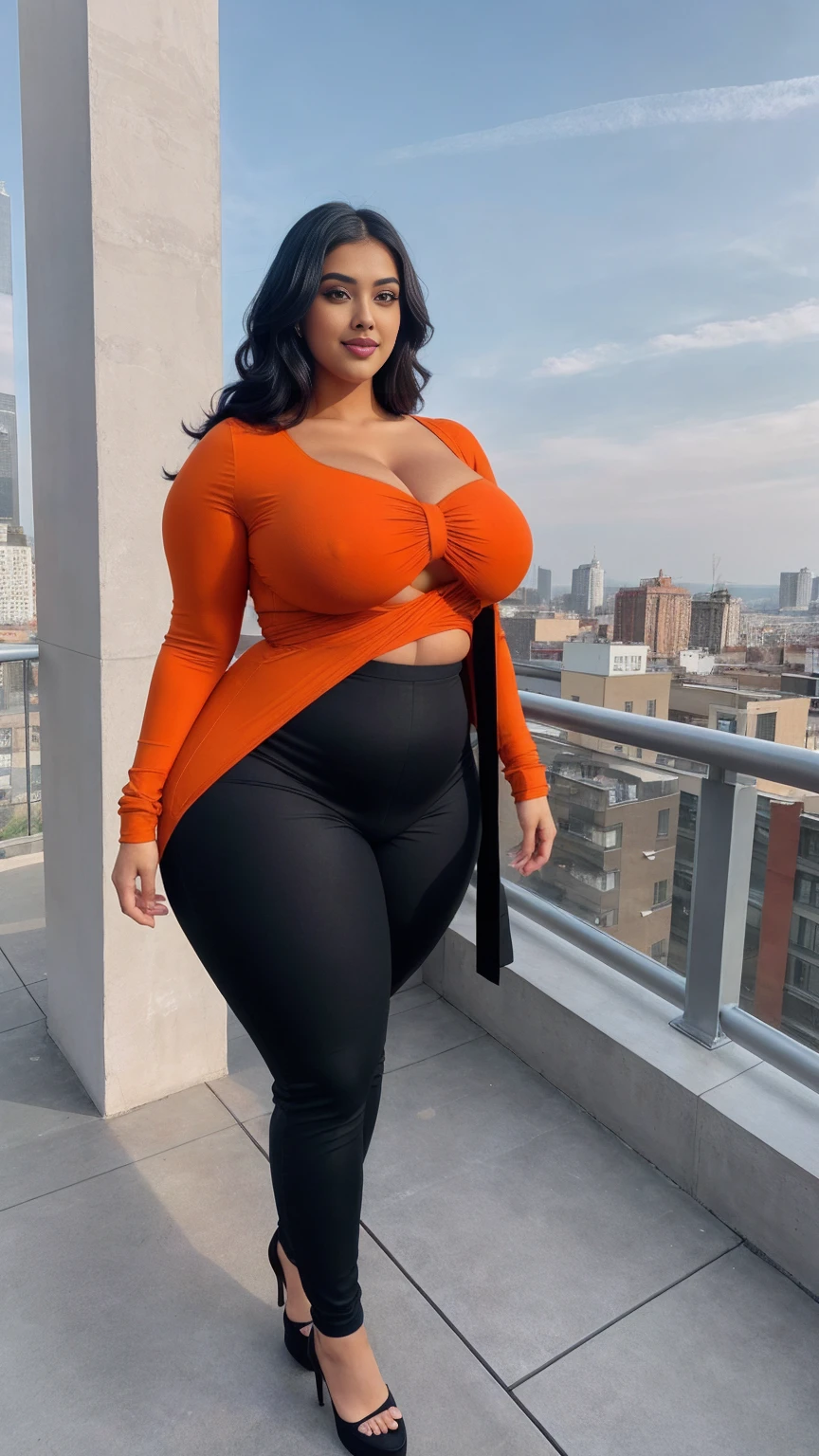 swastika mukharjee Indian beautiful woman curvy plus size hour glass bulky huge figure woman, closeup camera view, big huge m-cup , wearing SHEIN Young Girl Heart Pattern Urban Fashionable & Cool Jumpsuit Color: orange , covered Bust , elegant standing position, eye contact view, different style hairstyle, bright eyes, thin eyebrows, fair skin, blushing cheeks, prefect head to toe view, full body, ideal for high-fashion or editorial shoots, ultra realistic skin texture, head to toe view, full body shot, full body view, smile face, black hair, Indian face, perfect skin tone light, ultra realistic skin texture, bigger waist, busty,hips, fleshy thighs, thick thighs, busty, full view, Rooftop Terrace: Chic urban setting with city views.