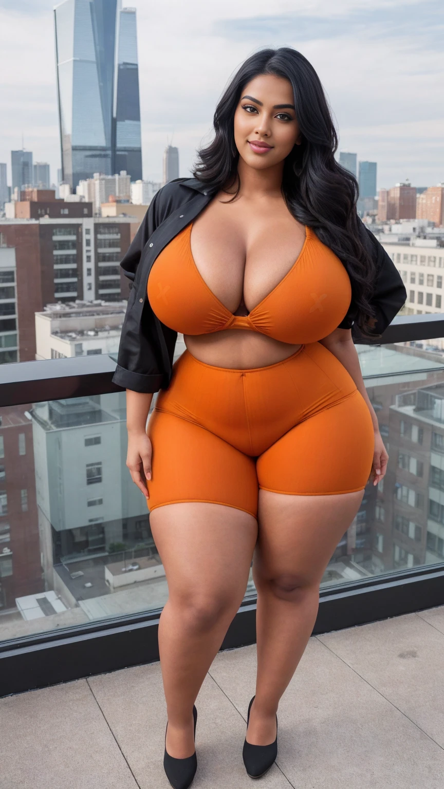 swastika mukharjee Indian beautiful woman curvy plus size hour glass bulky huge figure woman, closeup camera view, big huge m-cup breast, wearing SHEIN Young Girl Heart Pattern Urban Fashionable & Cool Jumpsuit Color: orange , covered Bust , elegant standing position, eye contact view, different style hairstyle, bright eyes, thin eyebrows, fair skin, blushing cheeks, prefect head to toe view, full body, ideal for high-fashion or editorial shoots, ultra realistic skin texture, head to toe view, full body shot, full body view, smile face, black hair, Indian face, perfect skin tone light, ultra realistic skin texture, bigger waist, busty, big hips, fleshy thighs, thick thighs, busty, full body view, Rooftop Terrace: Chic urban setting with city views.