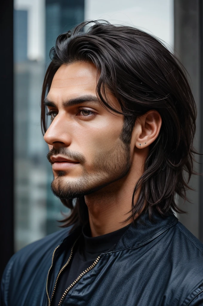 Height: Tall
Build: Slim
Hair: Black, messy
Eyes: Blue
Facial Hair: None
Other features: Sharp jawline
