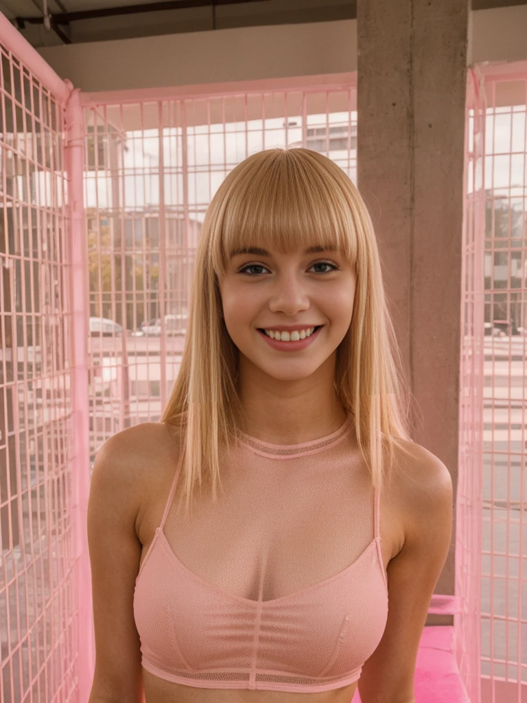 her name is Alliyah, high quality, 1girl, ((20-year-old fit Caucasian woman)), ((20 years old)), ((fit)), ((blonde with bangs)), pose: standing, wearing stylish pink mesh see-through, BACKGROUND: indoor at night, smiling, standing