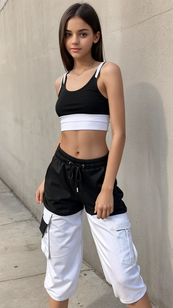 Slim, , NSFW, tight white cropped tanktop, loose black baggy cargo pants,