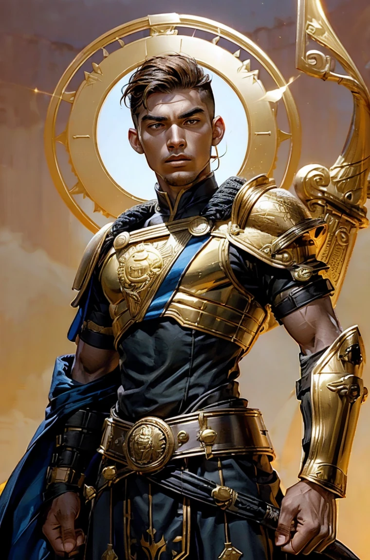 40-year-old Vetren Kiteshield a man Holding a triangular-kite-shield with a painted emblem of a sword with a golden sunburns on the shield a Man with a Short military buzz cut hair. A man with Dark-hair, muscular, with a fierce severe serious expression on his face, a five-o-clock shadow of a beard on his face. He's a soldier in red gold and silver armor with a kite shield with an emblem of a sword with a sunburst behind it on a red background. With a golden lion pauldron on one shoulder