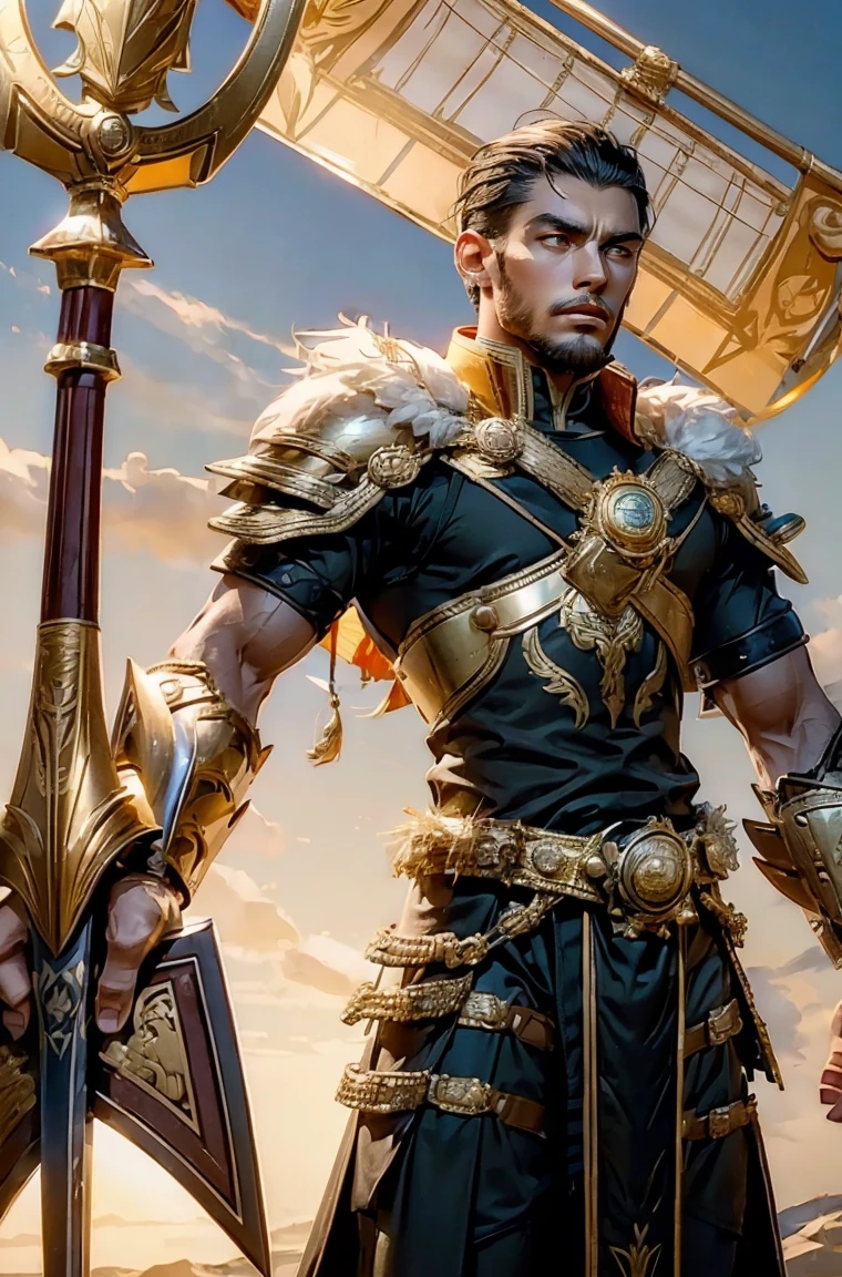 a man Holding a trangular kite shield with a painted emblem of a sword with a golden sunburns on the shield a Man with a Short military buzz cut hair. A man with Dark-hair, muscular, with a fierce severe serious expression on his face, a five-o-clock shadow of a beard on his face. He's a soldier in red gold and silver armor with a kite shield with an emblem of a sword with a sunburst behind it on a red background. With a golden lion pauldron on one shoulder
