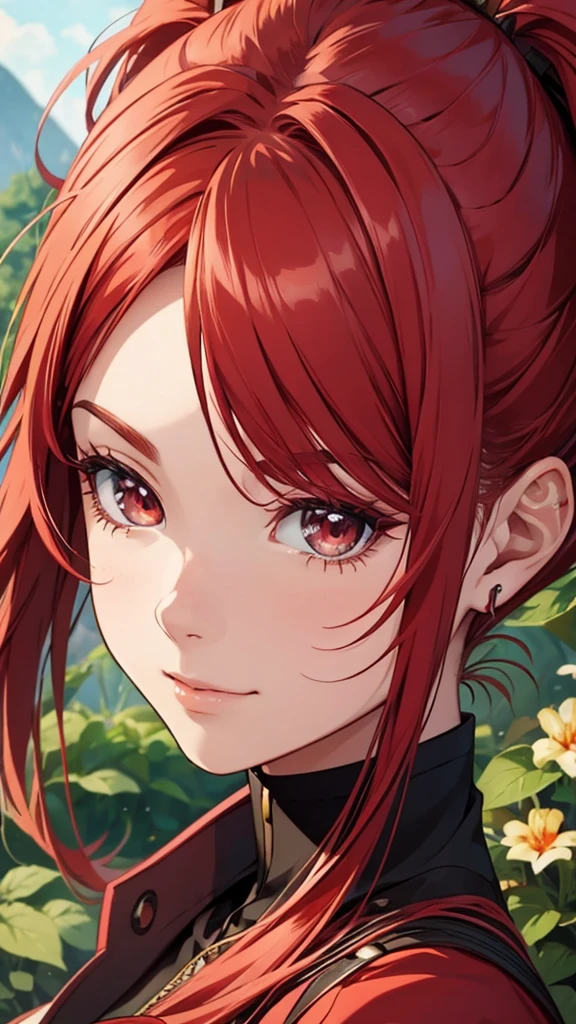 Gal、Close-up of face、Delighted、Red hair、Around 25 years old、Anime style illustrations、In nature