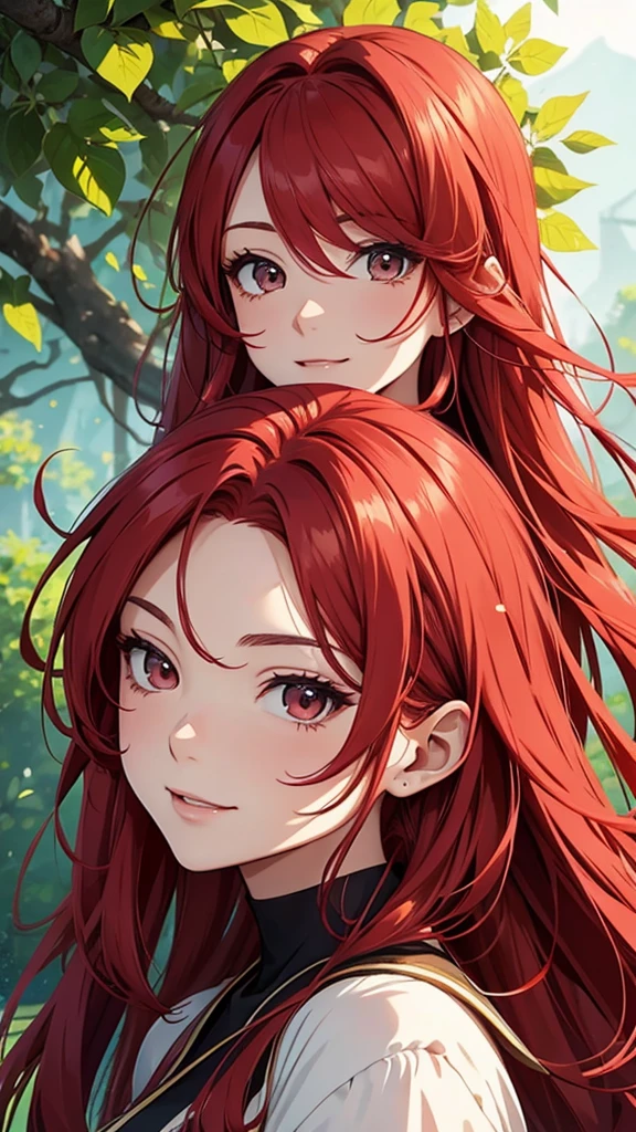 Gal、Close-up of face、Delighted、Red hair、Around 25 years old、Anime style illustrations、In nature