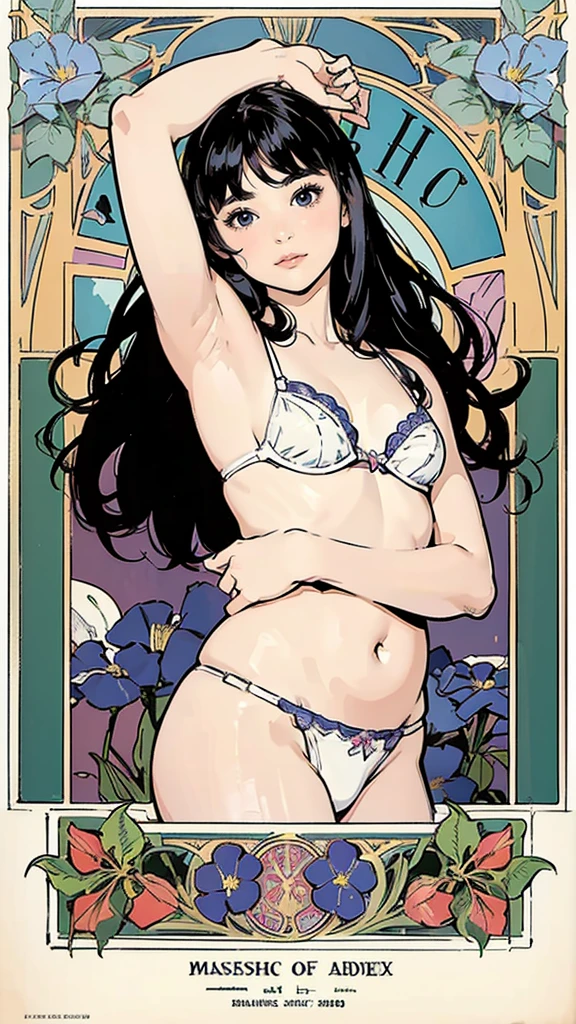 masterpiece、Highest quality、Amazing details、Detailed Background、Line art、Written boundary depth、Flat Shading、Mucha style、Art Nouveau、Botanical Art、Flower Art、girl、、White underwear、White bra、Vintage Color、colorful、Anatomically correct、plump、Showing off your armpits、Expressive eyes、Perfect Face、Black Hair、short hair、Seiko-chan Cut、Embarrassing、She is blushing、Browsing Caution