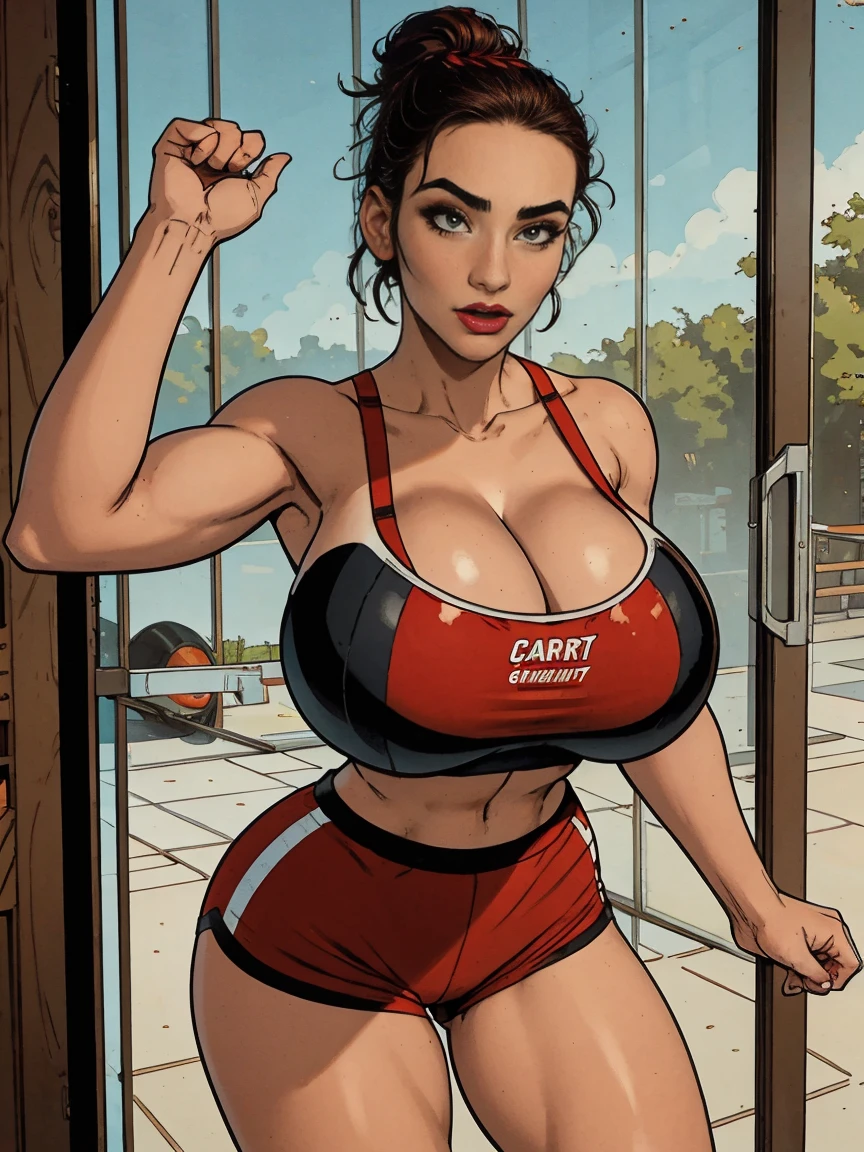 Extremely busty thin and toned brunette, gym girl, fair skin, loose updo, soft face, athletic, strapless bright (cherry red sports bra), tiny (black compression shorts).  standing by a sliding glass door, gym, windows