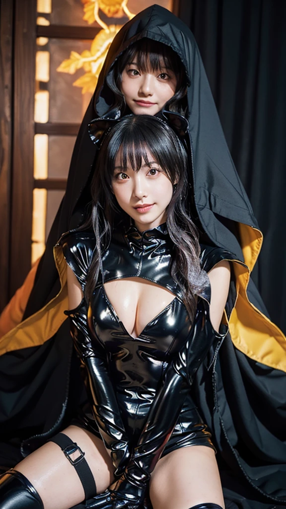 source anime, pose, shiny oild wet skin, real, 
1girl, namielle armor,black hood,black gloves, solo, smile,sitting,yellow eyes, black bodysuit,blush,medium breasts,black thigh boots,closed mouth,orange tentacle cape,black shorts,cleavage, ruin, holding sword, 
 
