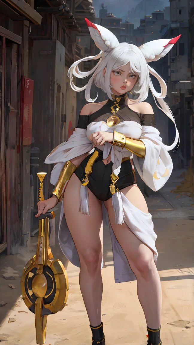 1 girl,  White hair, yellow eyes,   portrait, realistic, towel, (hit), Side lighting, wallpaper, NFV, full length (full body 1.1.), White hair, yellow eyes,  (animal ears|red horn:0.85),Navel,(masterpiece,Best quality:1.5),fiction, Raw photo, best photo, best photo quality, 8K quality, 8k ultra, bright skin, (bright eyes), detailed eyes, beautiful hair