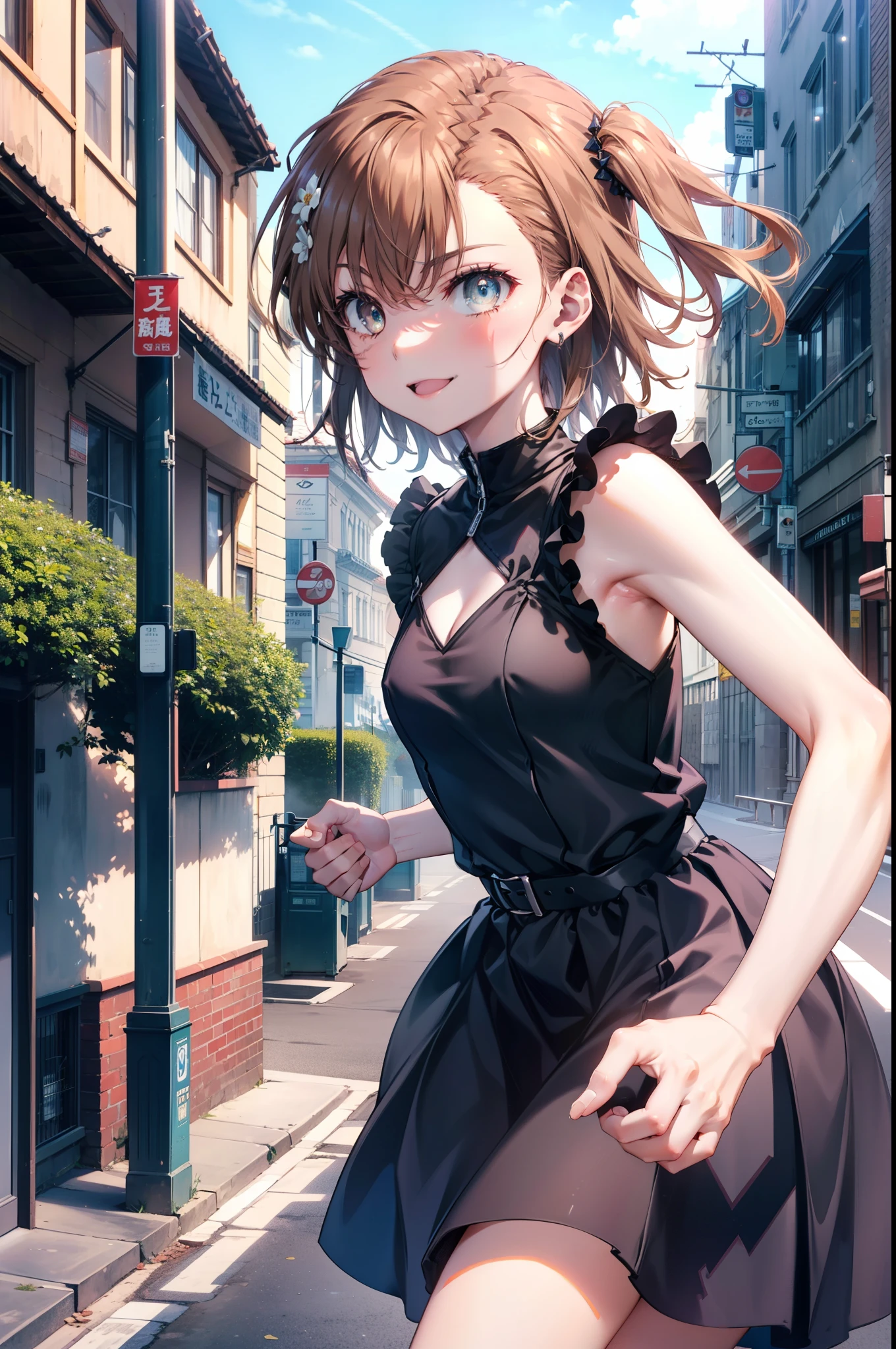 Mycotrose, Brown eyes,Brown Hair,short hair,One side up,Small breasts,Flower Hair Ornaments,happy smile, smile, Open your mouth,Sleeveless dress,Long skirt,Heeled Sandals,Walking,whole bodyがイラストに入るように,　　　　　　　　　　　　　　　　　 　　　break looking at viewer, whole body,　　　 　　　　　　break outdoors, Coastal street with buildings,　　　　　　　　　　　　　　　　　　break (masterpiece:1.2), Highest quality, High resolution, unity 8k wallpaper, (shape:0.8), (Beautiful and beautiful eyes:1.6), Highly detailed face, Perfect lighting, Extremely detailed CG, (Perfect hands, Perfect Anatomy),