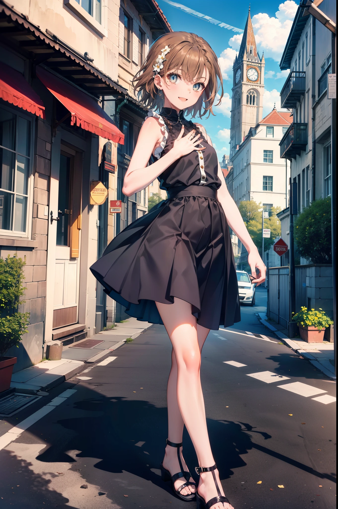 Mycotrose, Brown eyes,Brown Hair,short hair,One side up,Small breasts,Flower Hair Ornaments,happy smile, smile, Open your mouth,Sleeveless dress,Long skirt,Heeled Sandals,Walking,whole bodyがイラストに入るように, break looking at viewer, whole body, break outdoors, Coastal street with buildings, break (masterpiece:1.2), Highest quality, High resolution, unity 8k wallpaper, (shape:0.8), (Beautiful and beautiful eyes:1.6), Highly detailed face, Perfect lighting, Extremely detailed CG, (Perfect hands, Perfect Anatomy),