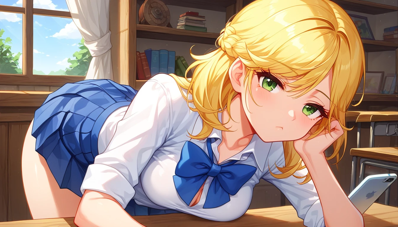((1girls:1.3)),((moe style:1.3)), ((school uniform:1.3)), ((bored look:1.3)), cowboy shot, ((phone:1.3)), ((skyrim:1.3)), ((perfect face)), ((extremely cute:1.3)), ((masterpiece:1.3)), ((8k)), ((best quality:1.3)), ((beautiful)), ((extremely detailed:1.3)) , ((absurdres)), ((score_9:1.3)), ((score_8_up:1.3)), ((score_7_up:1.3)), AddXL,Expressiveh