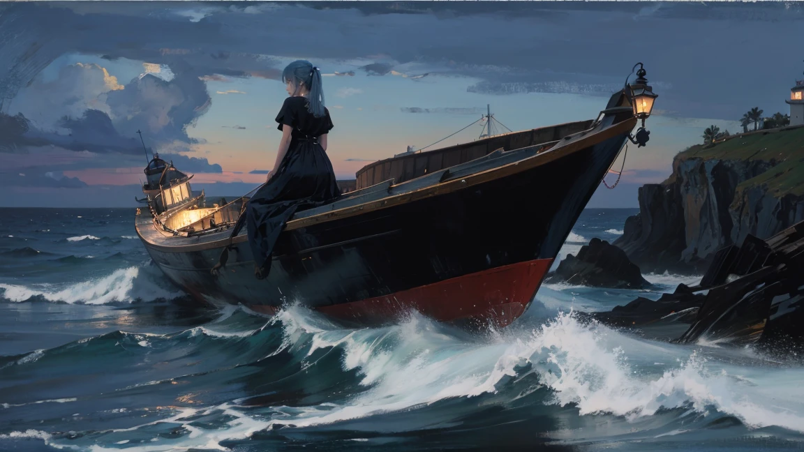 night，Oil painting style，The back of a girl，Blue Hair，ocean，dark，Boat，lighthouse