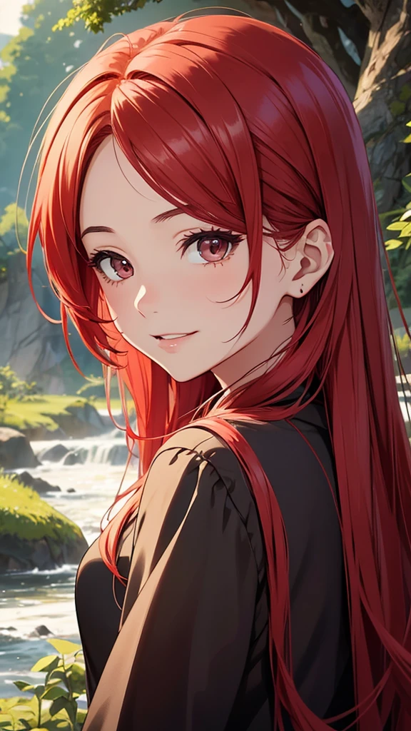 Gal、Close-up of face、Delighted、Red hair、Around 25 years old、Anime style illustrations、In nature