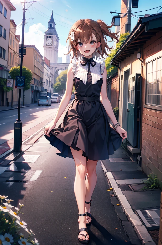Mycotrose, Brown eyes,Brown Hair,short hair,One side up,Small breasts,Flower Hair Ornaments,happy smile, smile, Open your mouth,Sleeveless dress,Long skirt,Heeled Sandals,Walking,whole bodyがイラストに入るように,　　　　　　　　　　　　　　　　　 　　　break looking at viewer, whole body,　　　 　　　　　　break outdoors, Coastal street with buildings,　　　　　　　　　　　　　　　　　　break (masterpiece:1.2), Highest quality, High resolution, unity 8k wallpaper, (shape:0.8), (Beautiful and beautiful eyes:1.6), Highly detailed face, Perfect lighting, Extremely detailed CG, (Perfect hands, Perfect Anatomy),