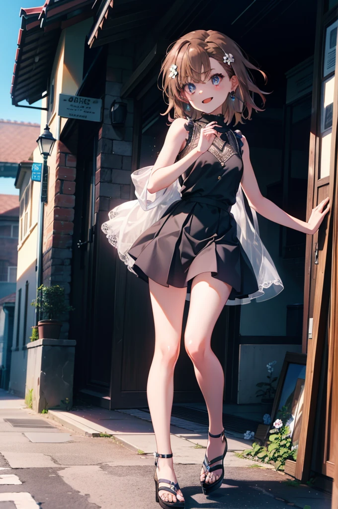 Mycotrose, Brown eyes,Brown Hair,short hair,One side up,Small breasts,Flower Hair Ornaments,happy smile, smile, Open your mouth,Sleeveless dress,Long skirt,Heeled Sandals,Walking,whole bodyがイラストに入るように,　　　　　　　　　　　　　　　　　 　　　break looking at viewer, whole body,　　　 　　　　　　break outdoors, Coastal street with buildings,　　　　　　　　　　　　　　　　　　break (masterpiece:1.2), Highest quality, High resolution, unity 8k wallpaper, (shape:0.8), (Beautiful and beautiful eyes:1.6), Highly detailed face, Perfect lighting, Extremely detailed CG, (Perfect hands, Perfect Anatomy),