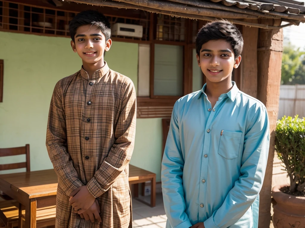 a indian 18 year old boy is standing straight looking into camera and very excited and happy