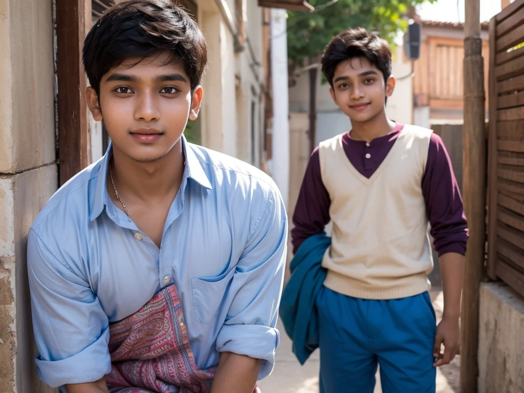 a indian 18 year old boy is standing straight looking into camera and very excited and happy