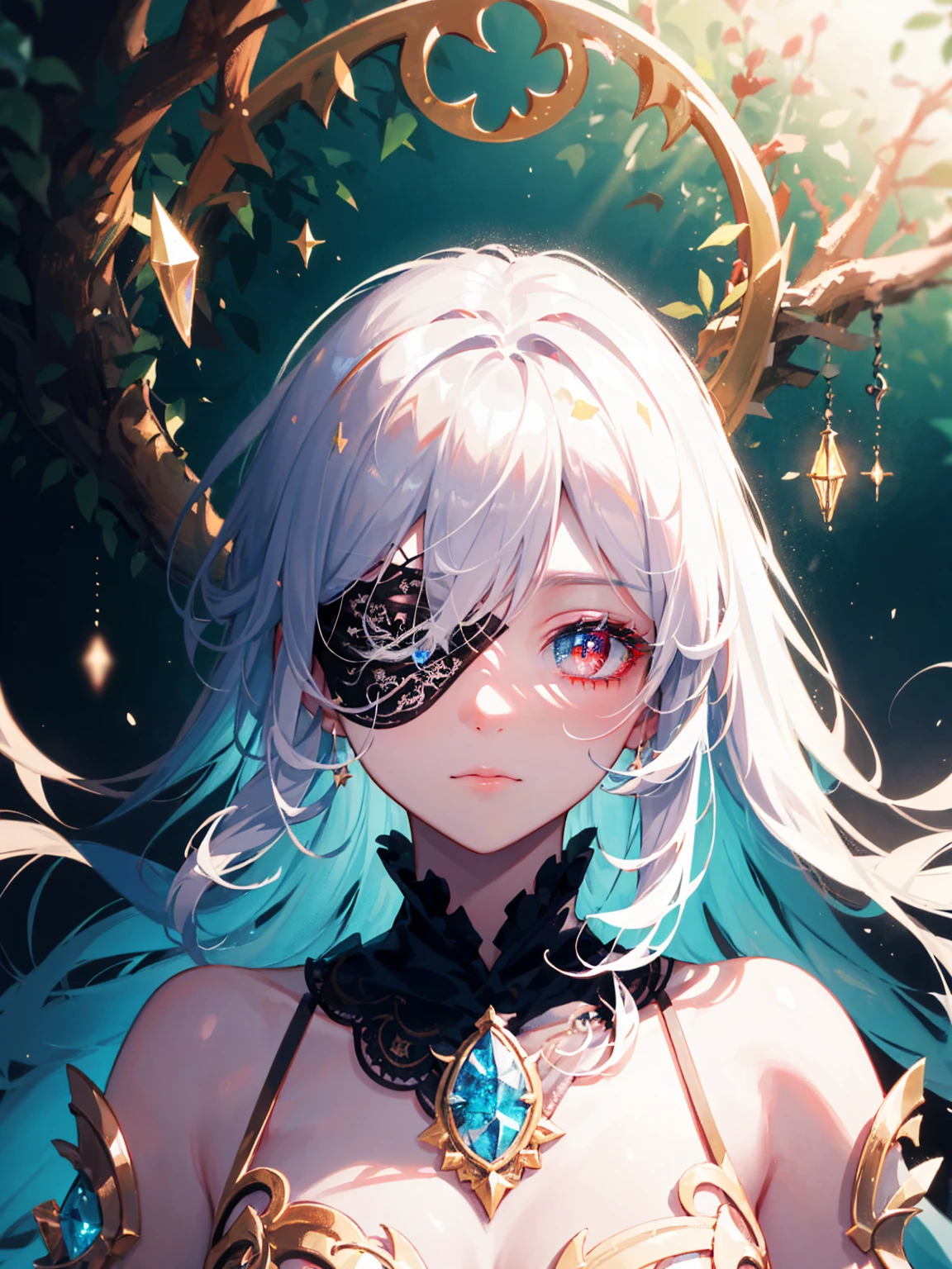 masterpiece, 1fairy, a flying female fairy, perfect face, light, glass tree forest, dramatic lighing, blindfold, ultra detailed, floating glow lights, depth of field, detailed iris, sparkle eyes, enchanting red eyes, (multicolored eyes), (heterochromia), (shining dust), silky lace dress