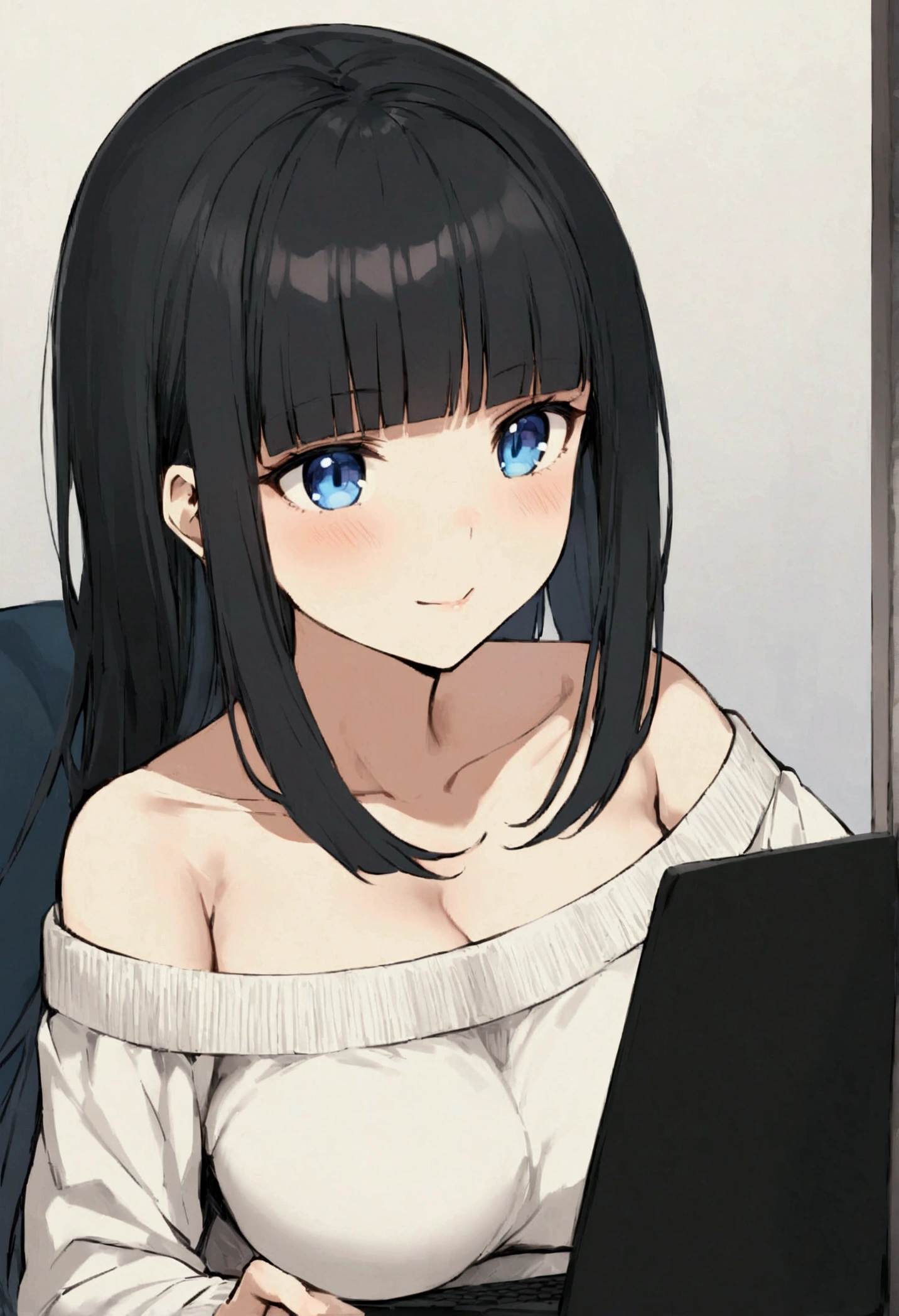 Hime cut with long black hair、Has straight bangs and blue eyes、Big breasted girl wearing off-the-shoulder sweater。I&#39;m playing games on my computer。The girl has a relaxed, calm and satisfied look。