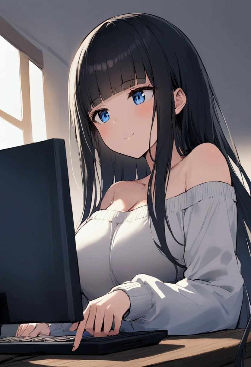 Hime cut with long black hair、Has straight bangs and blue eyes、Big breasted girl wearing off-the-shoulder sweater。I&#39;m playing games on my computer。The girl has a relaxed, calm and satisfied look。