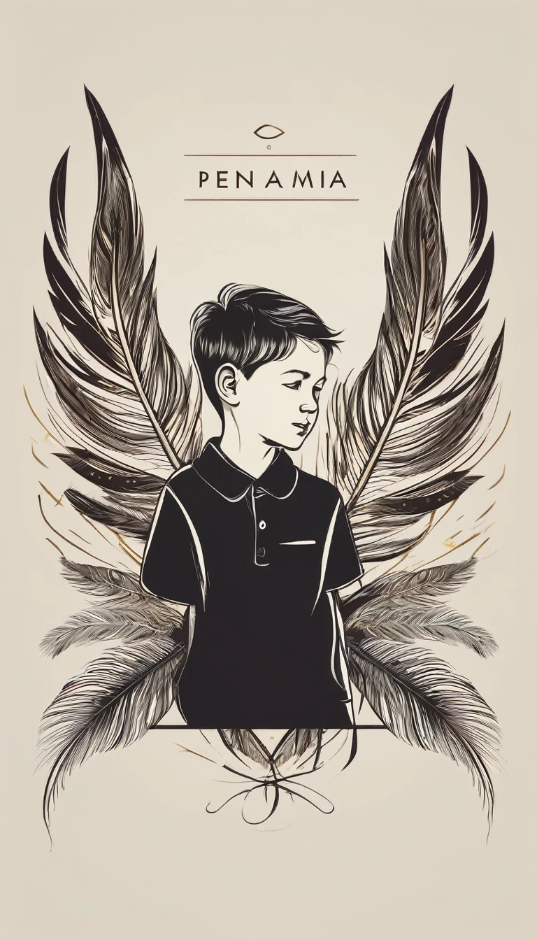 Create a minimal, modern, simple, inspirational, memorable, dream like logo design of a boy and a feather for the brand “Penamemoria".