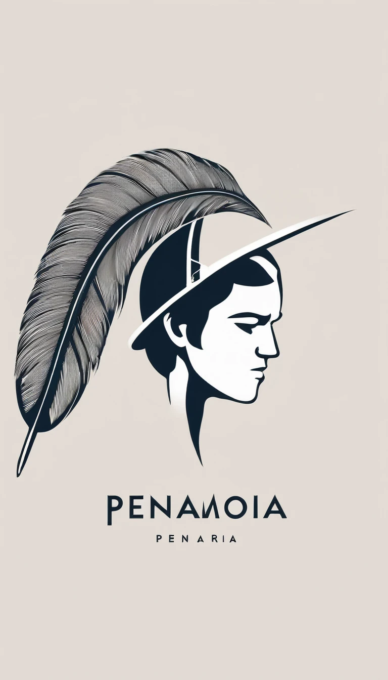 Create a minimal, modern, simple, inspirational, memorable, dream like logo design of a boy and a feather for the brand “Penamemoria".