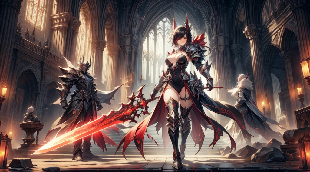 masterpiece, best quality, high quality, detailed, ultra detailed, hyper detailed, insanely detailed, exquisite, beautiful, FHD, Full-HD, 4K, 8K, 16K, highres, absurdres,Overall reddish-black image, (One sexy lady), mystic knight, serious look, sword fighting, covering one eye, black hair, red eyes, armor, long boots, with a sword, fantasy,hailoknight, holding sword, holding weapon
