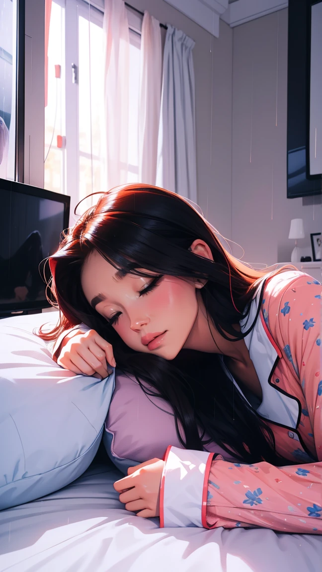 Sleeping in bed at home,There is a TV,Outside the window, the night rain,beautiful girl, UHD Portrait, (high quality) (Super detailed) pajamas; different, colorful, Long hair in color 🌈