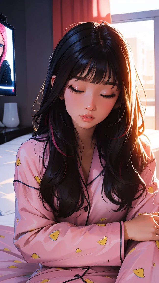 Sleeping in bed at home,There is a TV,Outside the window, the night rain,beautiful girl, UHD Portrait, (high quality) (Super detailed) pajamas; different, colorful, Long hair in color 🌈