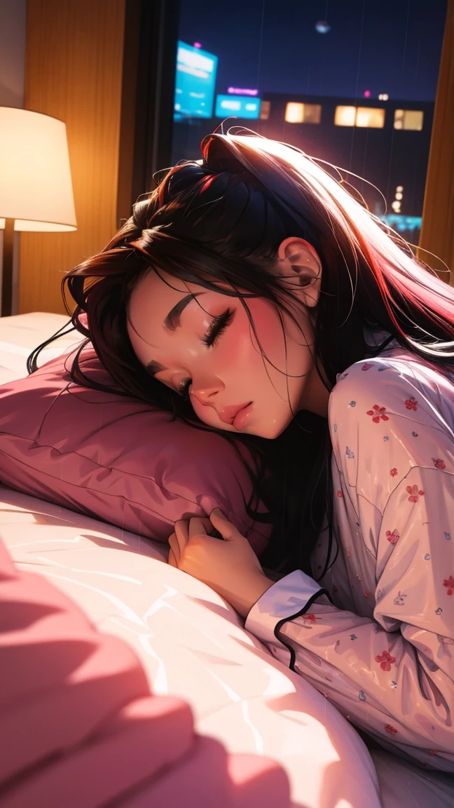 Sleeping in bed at home,There is a TV,Outside the window, the night rain,beautiful girl, UHD Portrait, (high quality) (Super detailed) pajamas; different, colorful, Long hair in color 🌈