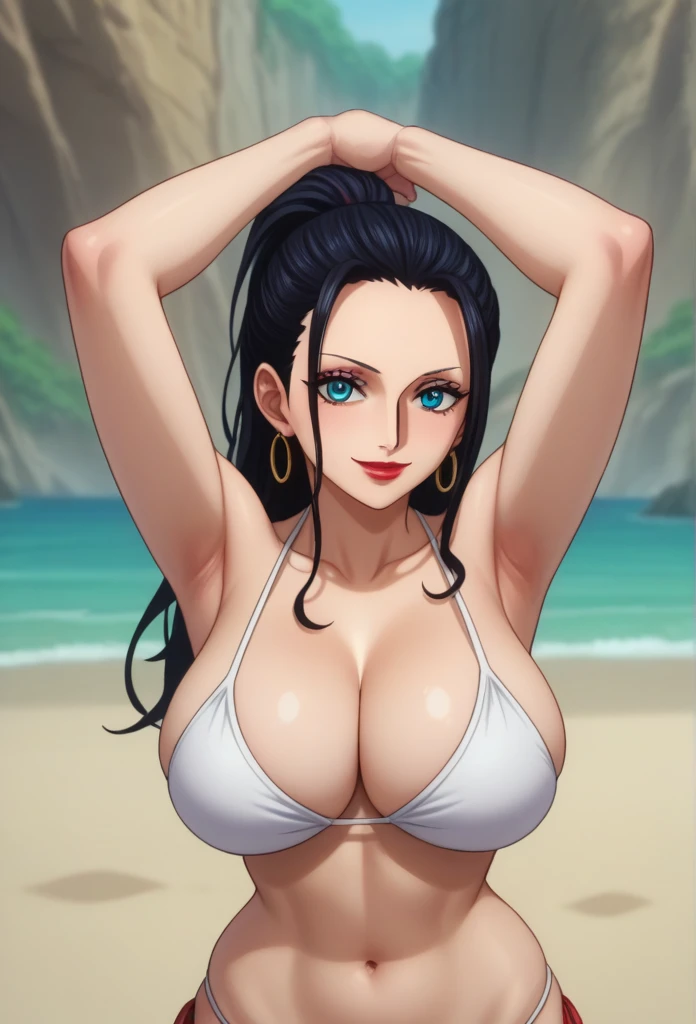 score_9, score_8_up, score_7_up, source_anime, anime screencap, one_piece_style, Nico Robin, black hair, long hair, blue eyes, large breasts, perfect body, looking at viewer, smile, cleavage, from front, looking at viewer, beach,red lipstick, big heart earrings ,long earrings , ponytail, strapless bikini,hands over head