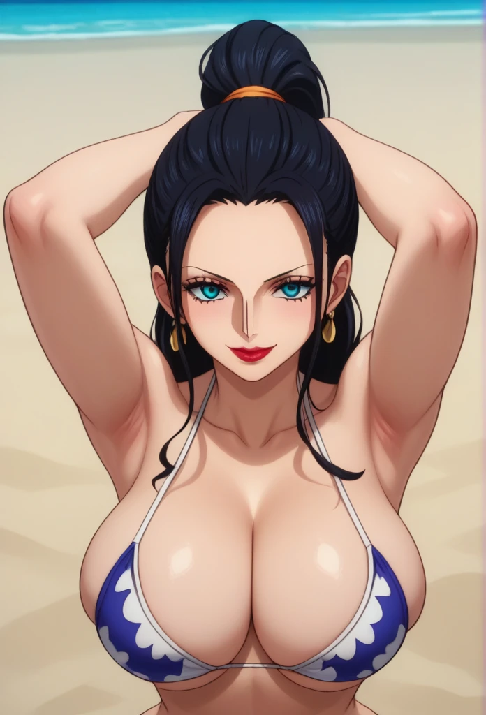 score_9, score_8_up, score_7_up, source_anime, anime screencap, one_piece_style, Nico Robin, black hair, long hair, blue eyes, large breasts, perfect body, looking at viewer, smile, cleavage, from front, looking at viewer, beach,red lipstick, big heart earrings ,long earrings , ponytail, strapless bikini,hands over head