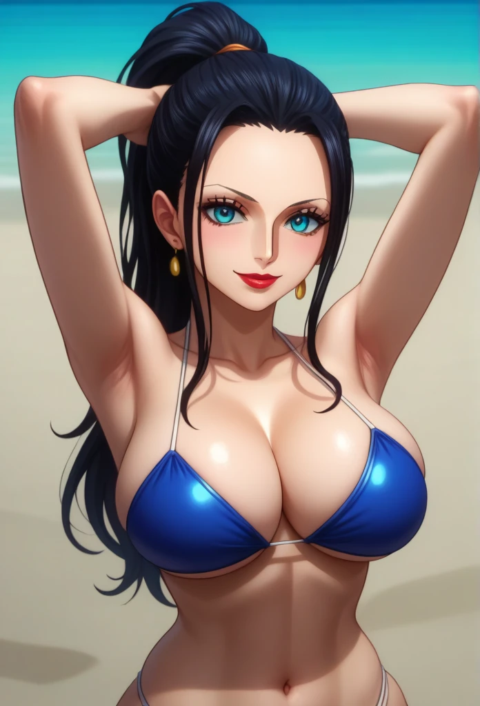 score_9, score_8_up, score_7_up, source_anime, anime screencap, one_piece_style, Nico Robin, black hair, long hair, blue eyes, large breasts, perfect body, looking at viewer, smile, cleavage, from front, looking at viewer, beach,red lipstick, big heart earrings ,long earrings , ponytail, strapless bikini,hands over head