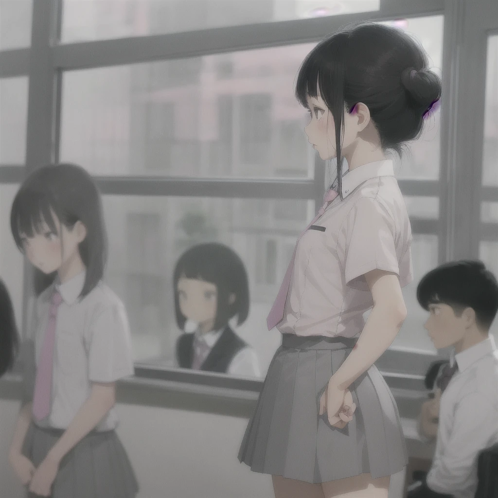 Asian , sharp face, small nose, pink small lips, grey asian eyes, grey short bangs, white school shirt, pink short tie, grey short skirt, short white socks, black fancy shoes, rear view profile view, window view