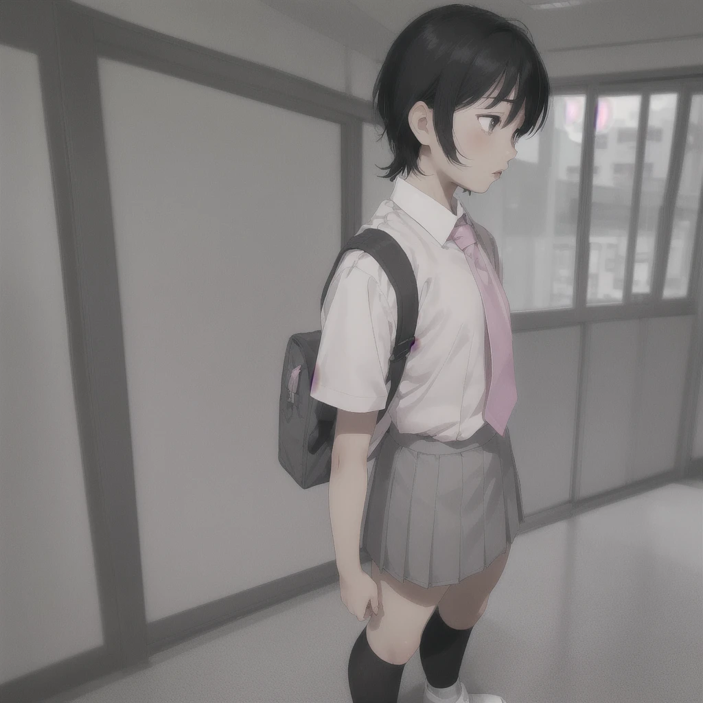 Asian teen, sharp face, small nose, pink small lips, grey asian eyes, grey short bangs, white school shirt, pink short tie, grey short skirt, short white socks, black fancy shoes, rear view profile view, window view